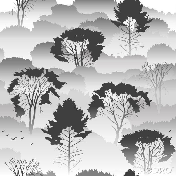 Behang Naadloze vector zwart-wit patroon. Bovenaanzicht van een herfst bos met loofbomen in de mist. Over het milieu, natuur, reizen. Geheimzinnig landschap.