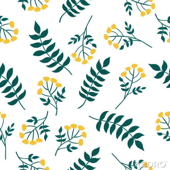 Behang Natural seamless pattern with tansy plant and leaves. Forest yellow flowers. Vector scandinavian style illustration.