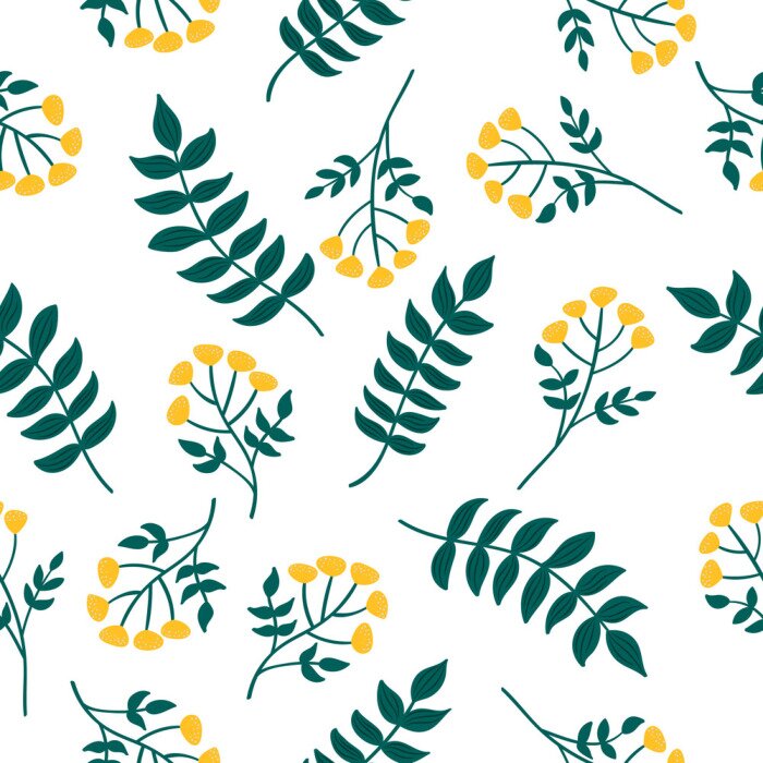 Behang Natural seamless pattern with tansy plant and leaves. Forest yellow flowers. Vector scandinavian style illustration.