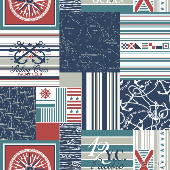 Behang Nautical and sailing elements patchwork vector seamless pattern wallpaper