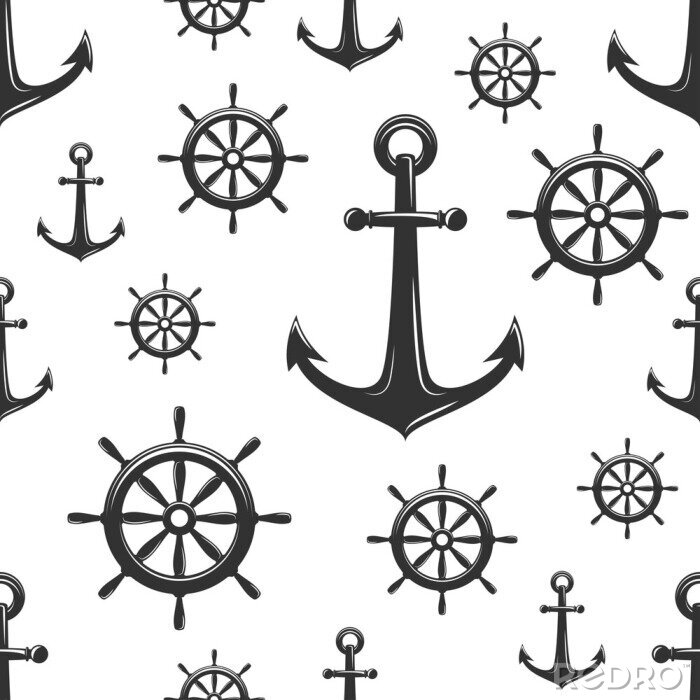 Behang Nautical seamless pattern with black helms and anchors on white.