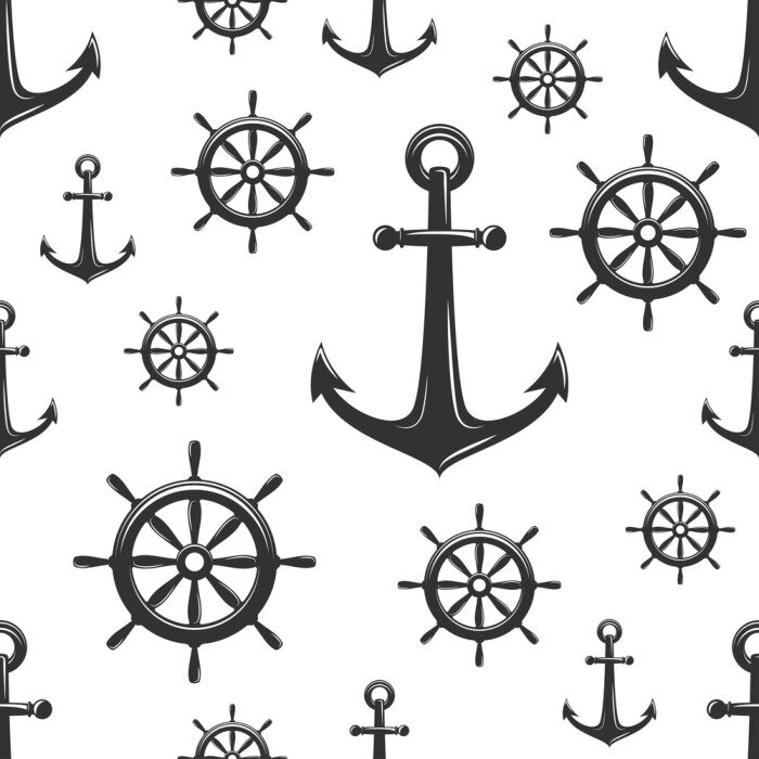 Behang Nautical seamless pattern with black helms and anchors on white.
