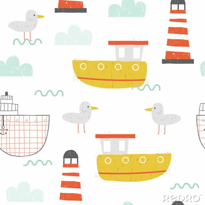 Behang Nautical seamless pattern with ships and lighthouse. Kids hand drawn print. Vector illustration.