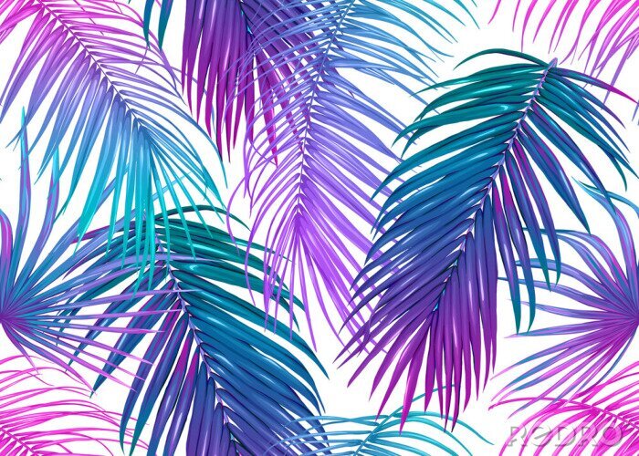 Behang Neon palmbladen op een witte achtergrond