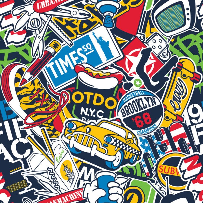 Behang New York City urban stickers patchwork abstract vector seamless pattern