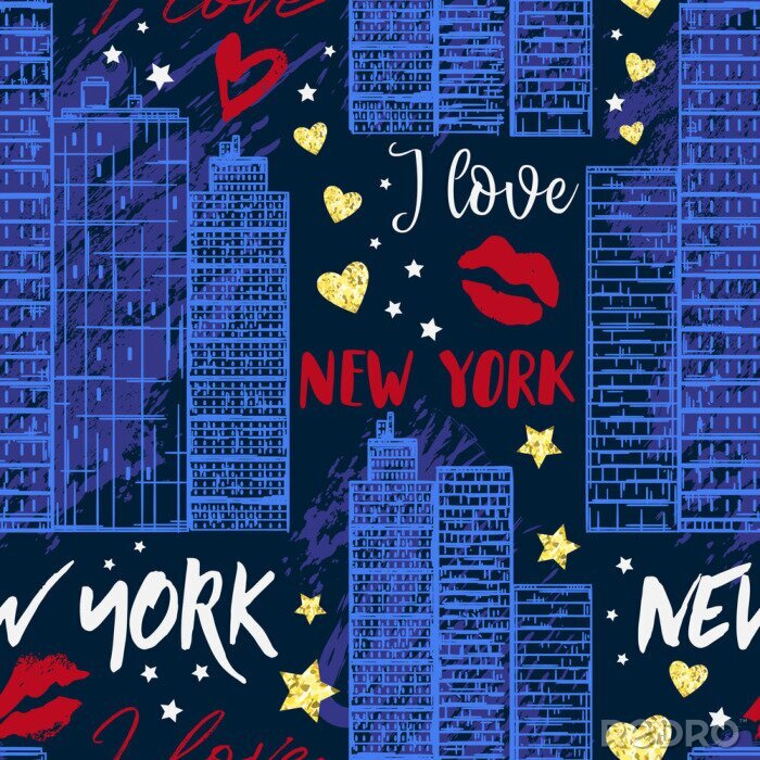 Behang New York. Naadloze patroon met wolkenkrabbers, kussen, harten en sterren met gouden glitter folie textuur. Vector illustratie
