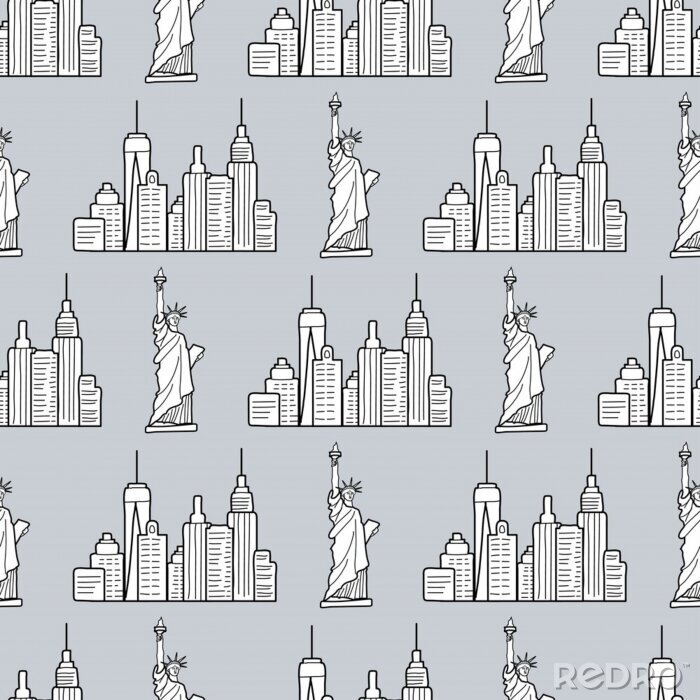Behang New york pattern with the USA symbols. The Statue of liberty and city buildings line drawing. Seamless background. Urban sketch. Vector