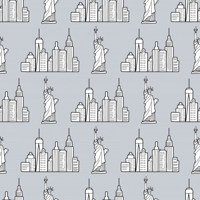 Behang New york pattern with the USA symbols. The Statue of liberty and city buildings line drawing. Seamless background. Urban sketch. Vector