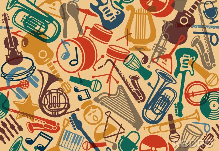 Behang Noten en kleurrijke instrumenten vintage