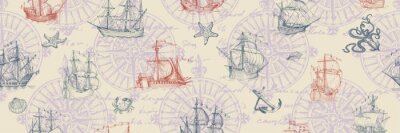 Behang Old caravel, vintage sailboat. Hand drawn vector sketch. Vector seamless pattern