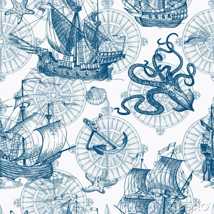 Behang Old caravel, vintage sailboat, sea monster. Vector seamless pattern