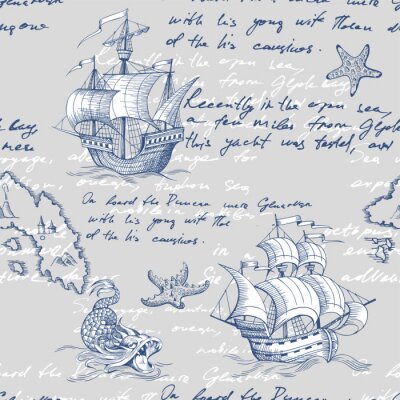 Behang Old caravel, vintage sailboat, sea monster. Vector seamless pattern