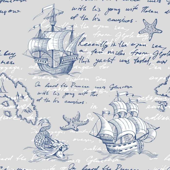 Behang Old caravel, vintage sailboat, sea monster. Vector seamless pattern