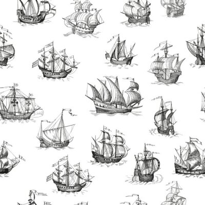 Behang Old caravel, vintage sailboat. Vector seamless pattern