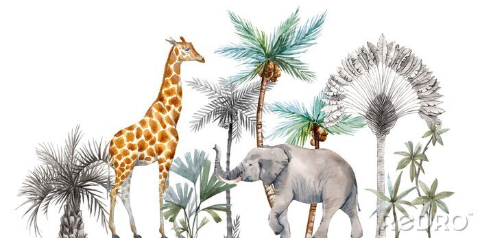 Behang Olifant en giraffe op de achtergrond van palmbomen