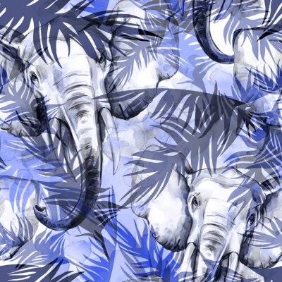 Behang Olifanten en tropische bladeren