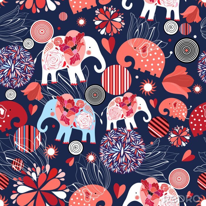 Behang Omcirkel olifanten en bloemen in roodtinten