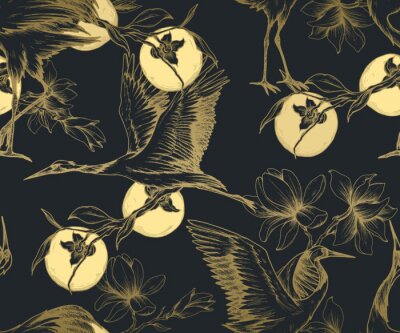 Oosters patroon met gouden kraanvogels en bloemen