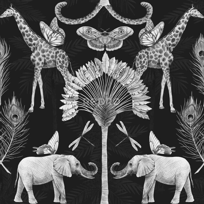 Behang Oosters tropisch patroon met olifanten