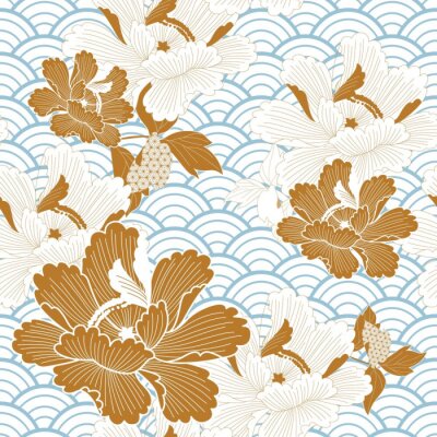 Behang Oosterse Japanse golf en oranje bloemen