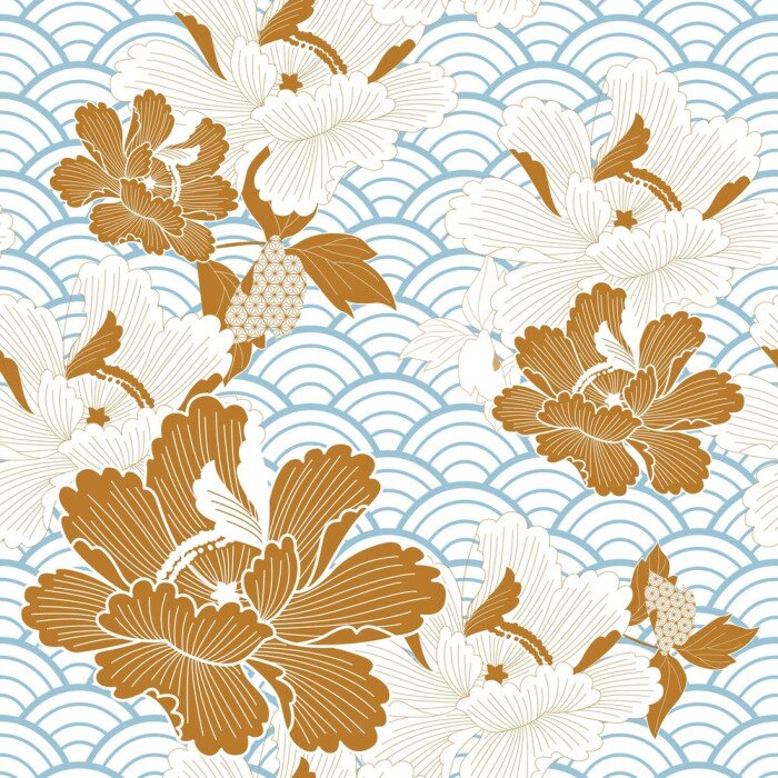 Behang Oosterse Japanse golf en oranje bloemen