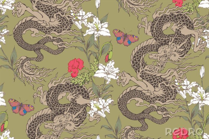 Behang Oosterse stijl met Aziatische draken en bloemen