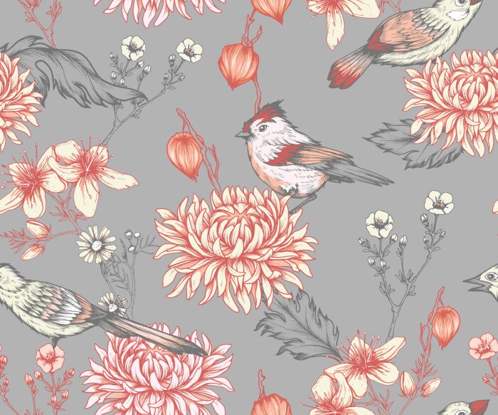 Behang Oosterse stijl met bloemen en vogels in roodtinten