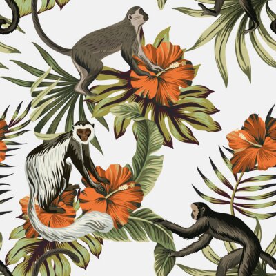 Behang Oranje bloemen en dieren op een witte achtergrond