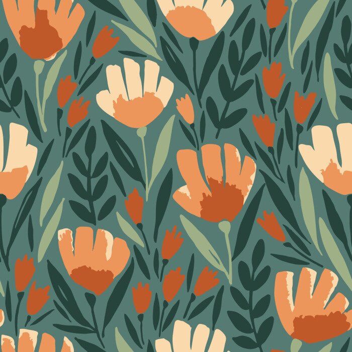 Behang Oranje bloemen op een groene achtergrond