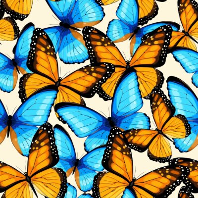 Behang Oranje en blauwe vlinders
