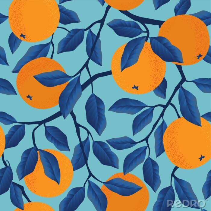 Behang Oranje fruit aan de boom in blauw