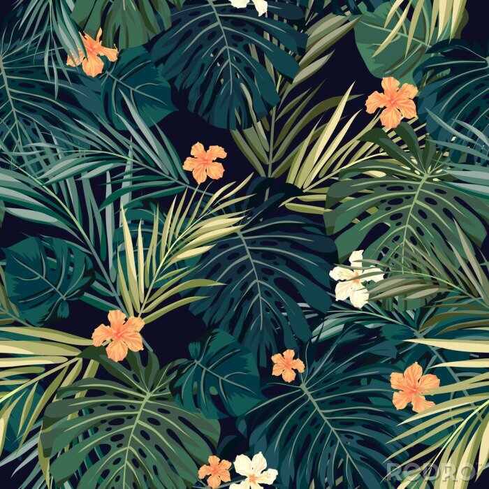 Behang Oranje jungle bloemen