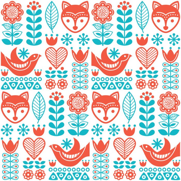 Behang Oranje vogels en vossen met blauwe planten