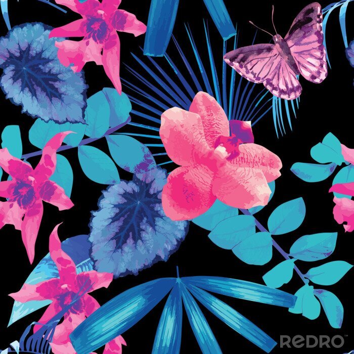 Behang orchids, butterflies and palm leaves pattern