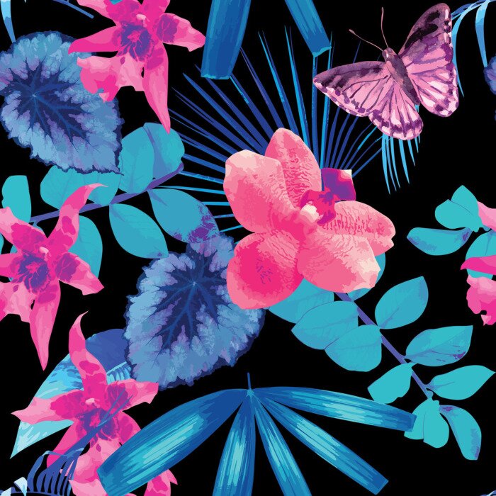 Behang orchids, butterflies and palm leaves pattern