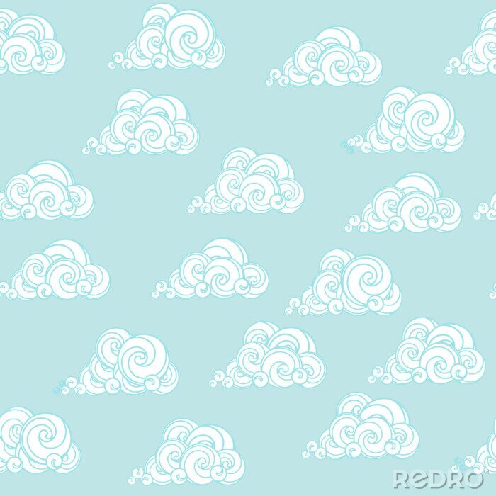 Behang Ornament witte wolken in de blauwe hemel. Naadloos patroon.