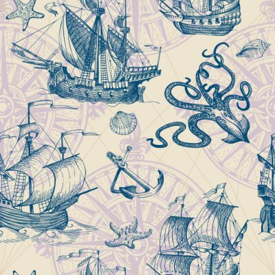 Behang Oude caravel, vintage zeilboot, zeemonster. Vector naadloos patroon