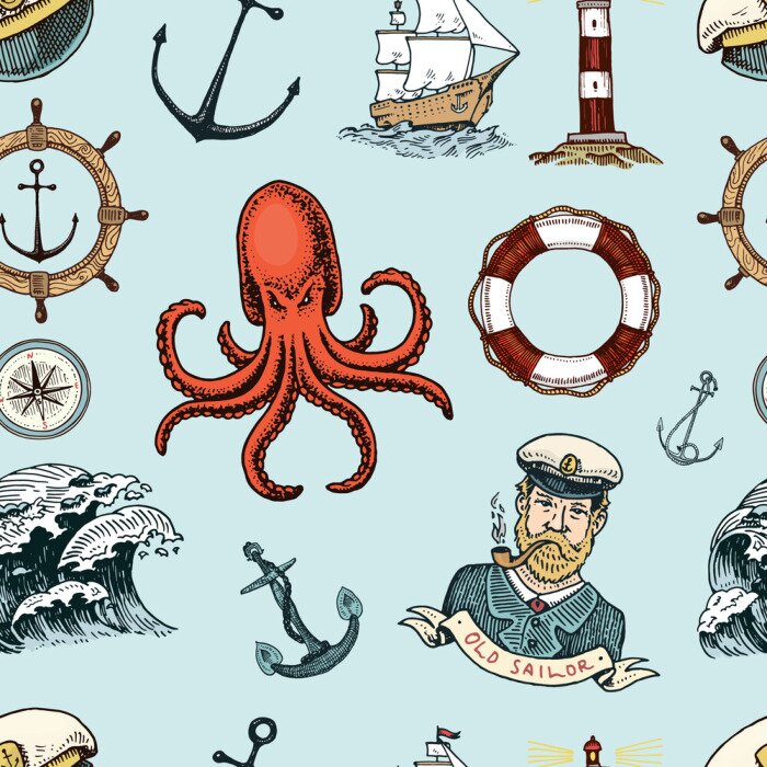 Behang Oude zeemans rode octopus en ankers