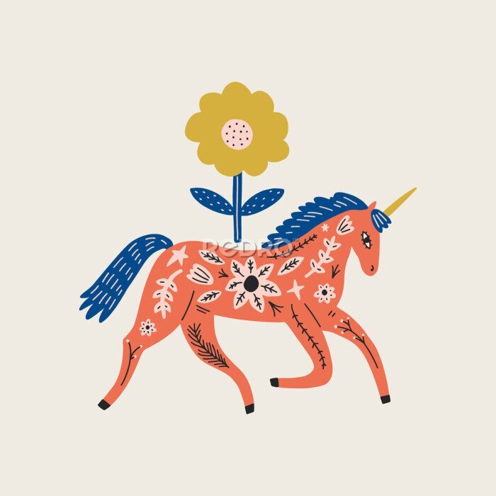 Behang Paard en bloem scandi illustratie