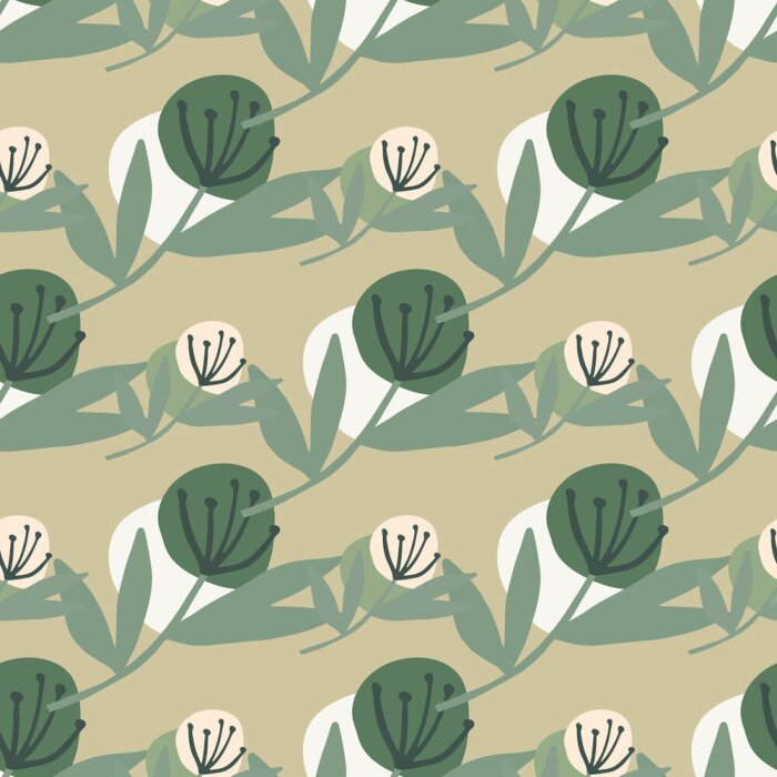 Behang Paardebloem groene en beige tinten