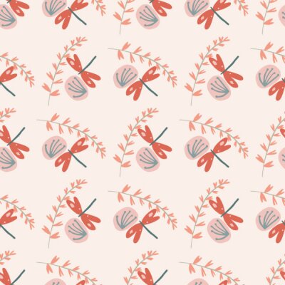 Behang Paardebloemlibellen en kleurrijke grafische bladeren