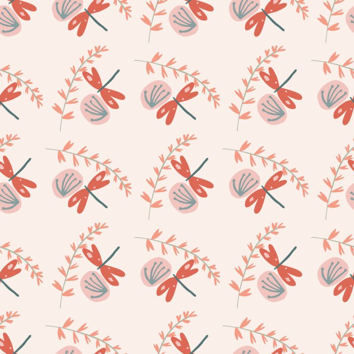 Behang Paardebloemlibellen en kleurrijke grafische bladeren