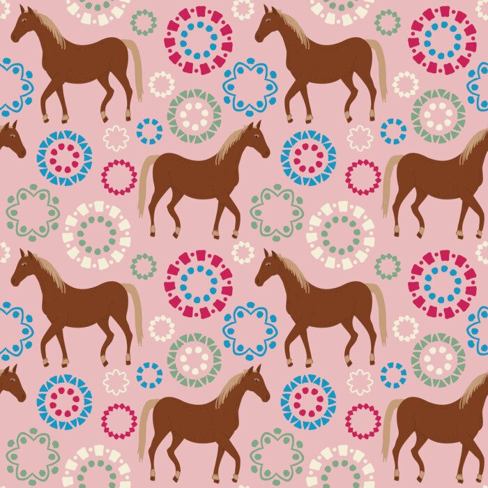 Behang Paarden en gekleurde elementen op een roze achtergrond