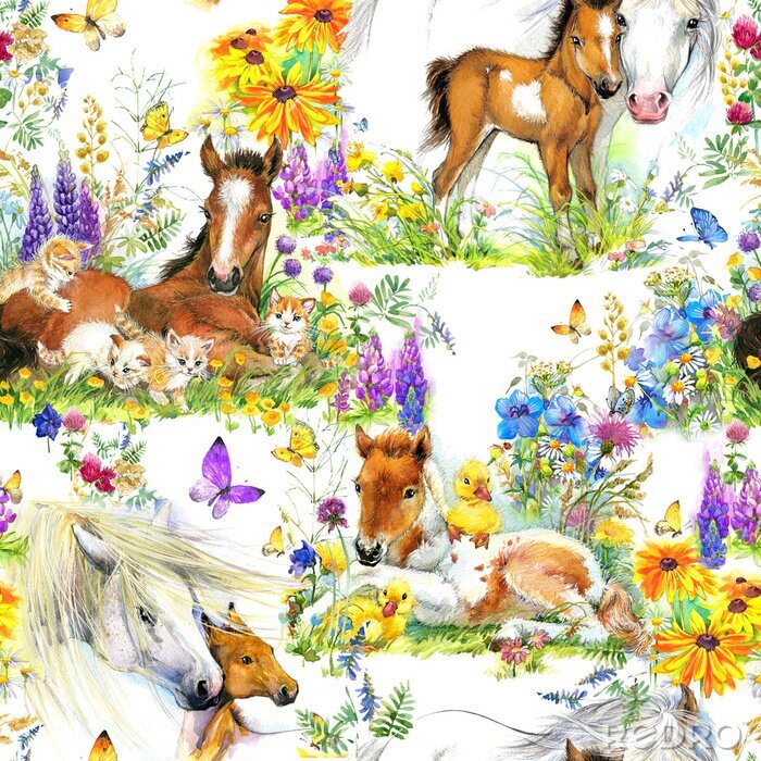 Behang Paarden en veulens in pastelkleuren