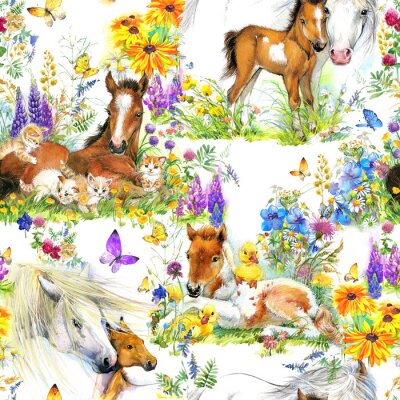 Behang Paarden en veulens in pastelkleuren