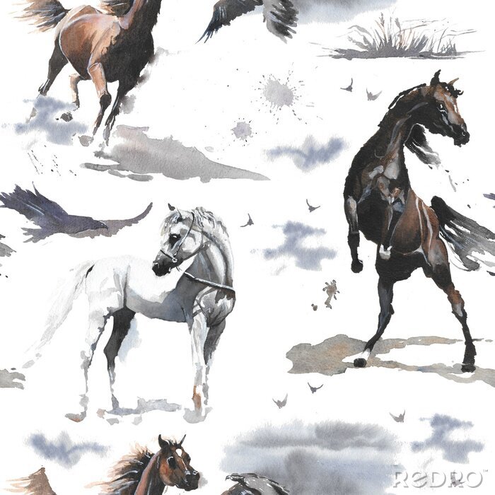 Behang Paarden geschilderd in aquarel