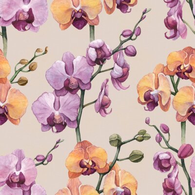 Behang Paarse en oranje orchideeënbloemen