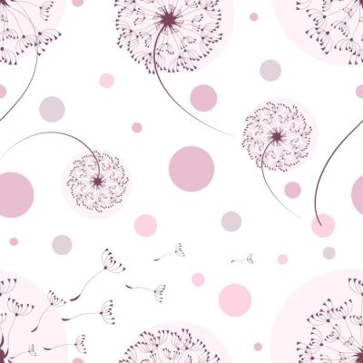 Behang Paarse paardebloemen en roze grafische stippen