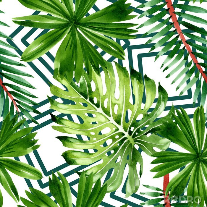 Behang Palm beach tree leaves jungle botanical. Watercolor background illustration set. Seamless background pattern.