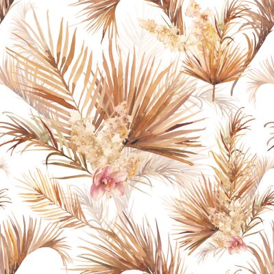 Palm tree leaves texture with orchid. Seamless pattern with floral watercolor illustrations. Exotic floral decorations on white background.